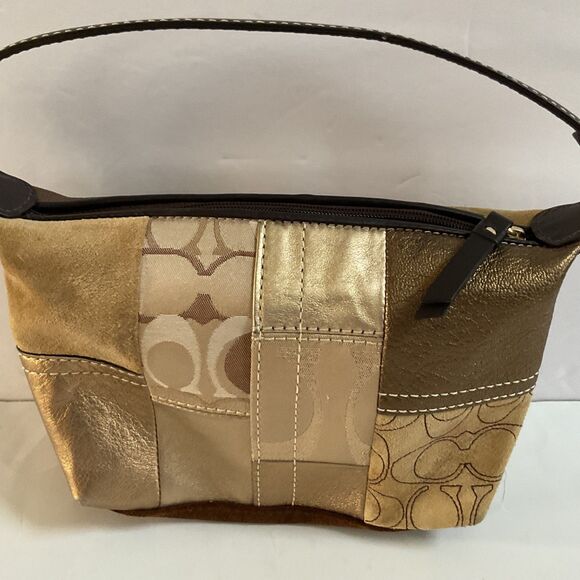 Coach Y2K Gold Patchwork Suede Canvas Metallic Leather Baguette Demi Mimi Bag - Picture 11 of 13